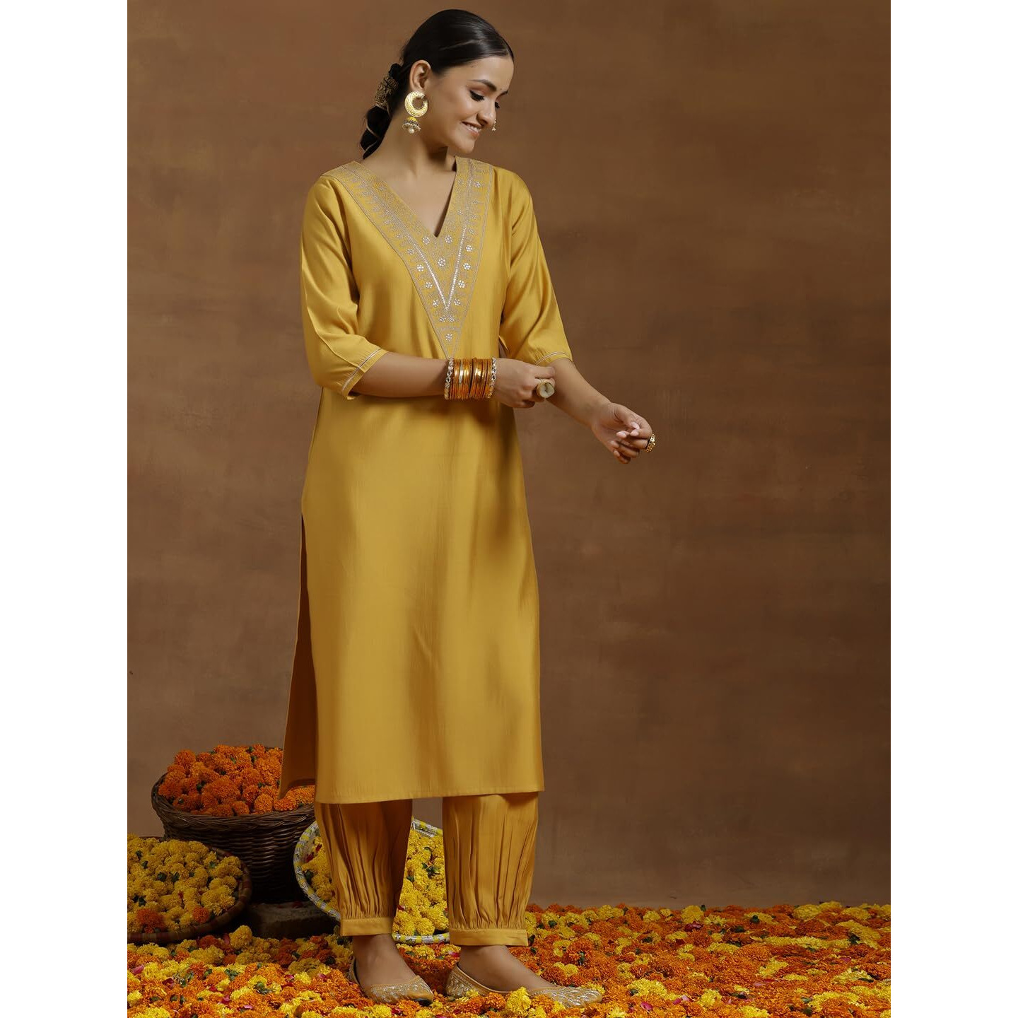 Libas Gerua Womens Yoke Design Silk Blend Straight Kurta With Salwar