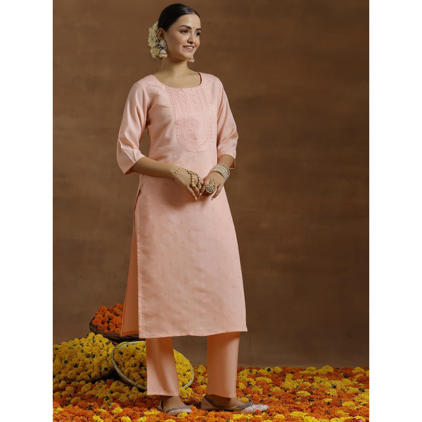 Libas Gerua Womens Embroidered Silk Blend Straight Kurta With Trousers