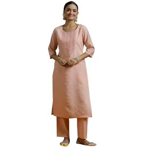 Libas Gerua Womens Embroidered Silk Blend Straight Kurta With Trousers