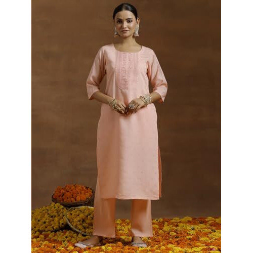 Libas Gerua Womens Embroidered Silk Blend Straight Kurta With Trousers