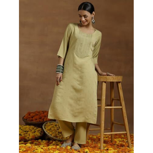 Libas Gerua Womens Embroidered Silk Blend Straight Kurta With Trousers