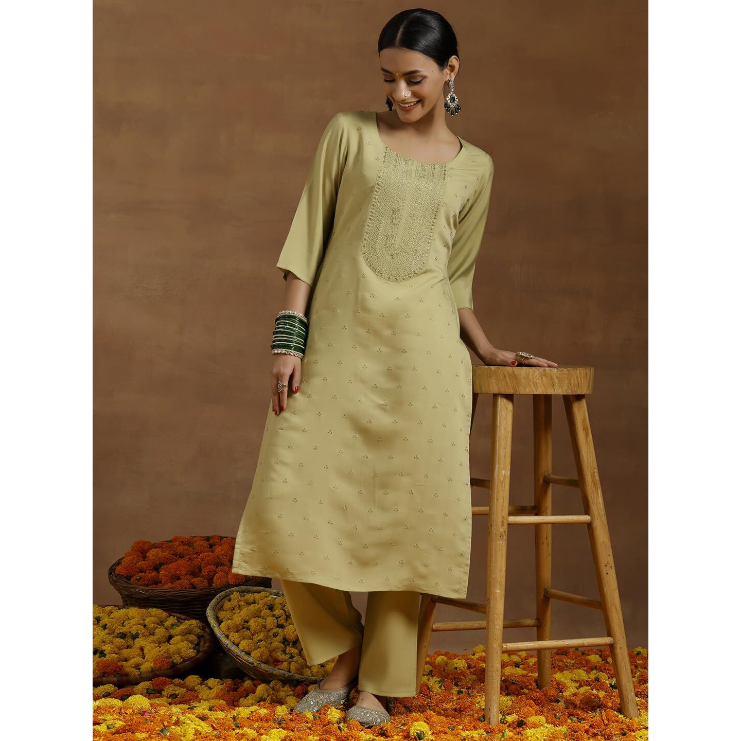 Libas Gerua Womens Embroidered Silk Blend Straight Kurta With Trousers