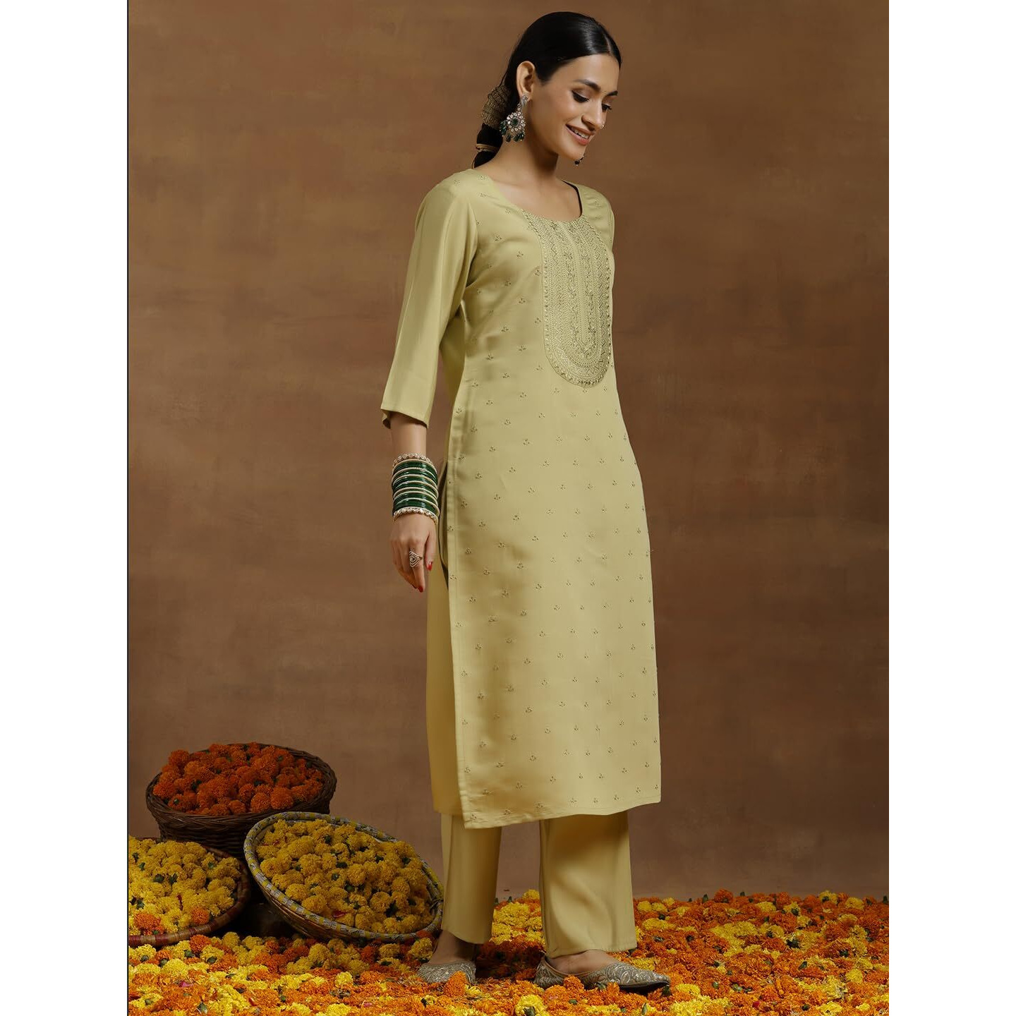 Libas Gerua Womens Embroidered Silk Blend Straight Kurta With Trousers