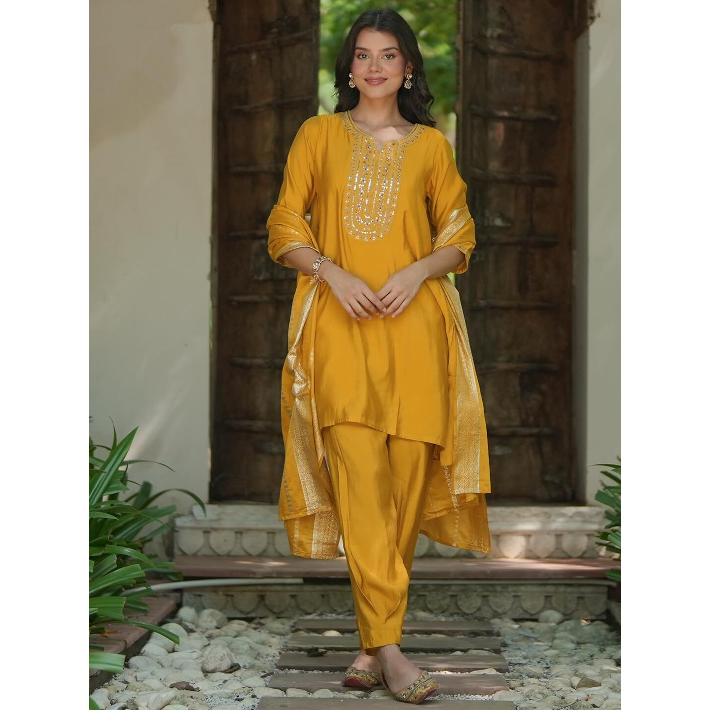 Libas Gerua Womens Embellished Silk Blend Straight Kurta With Trousers And Dupatta