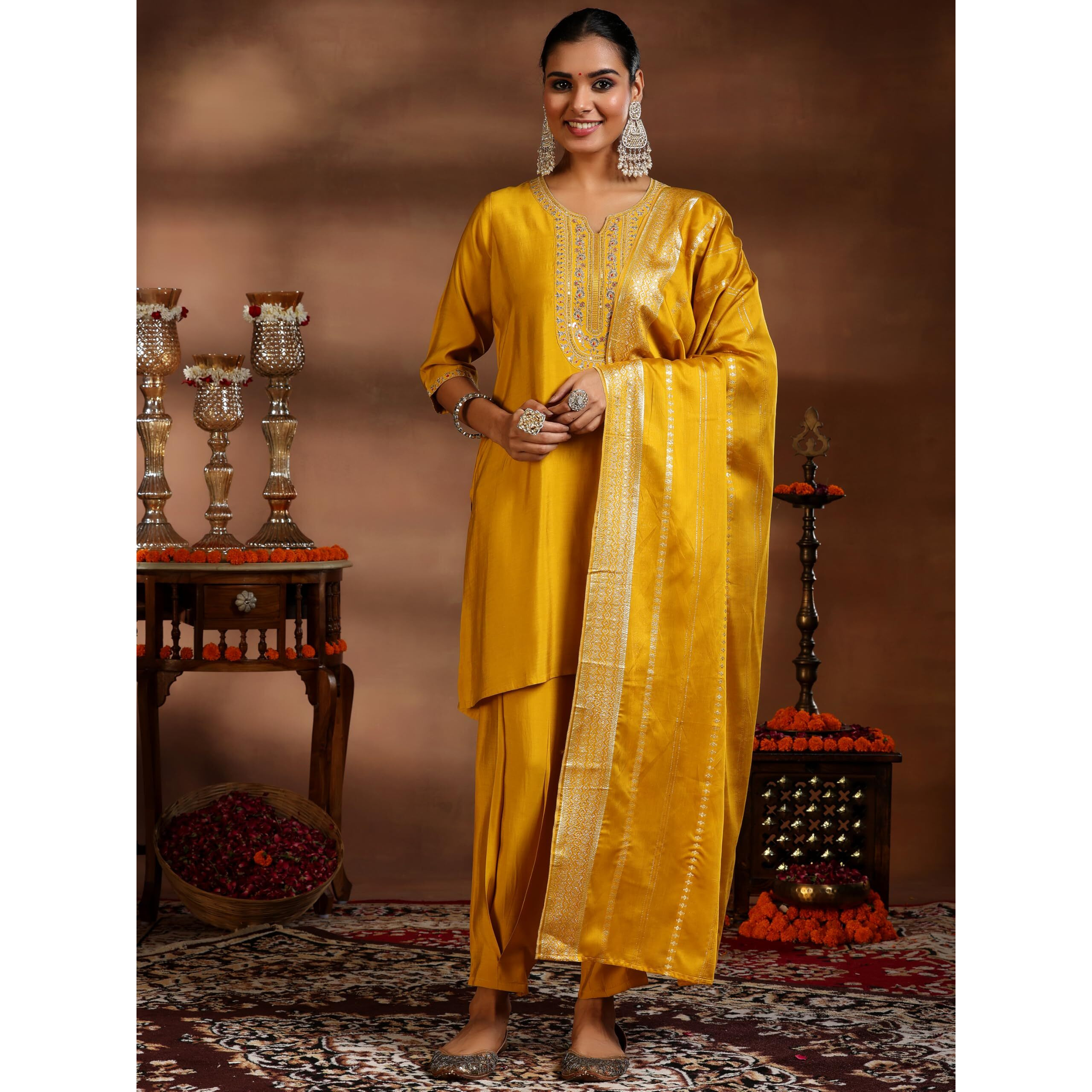 Libas Gerua Womens Embellished Silk Blend Straight Kurta With Trousers And Dupatta