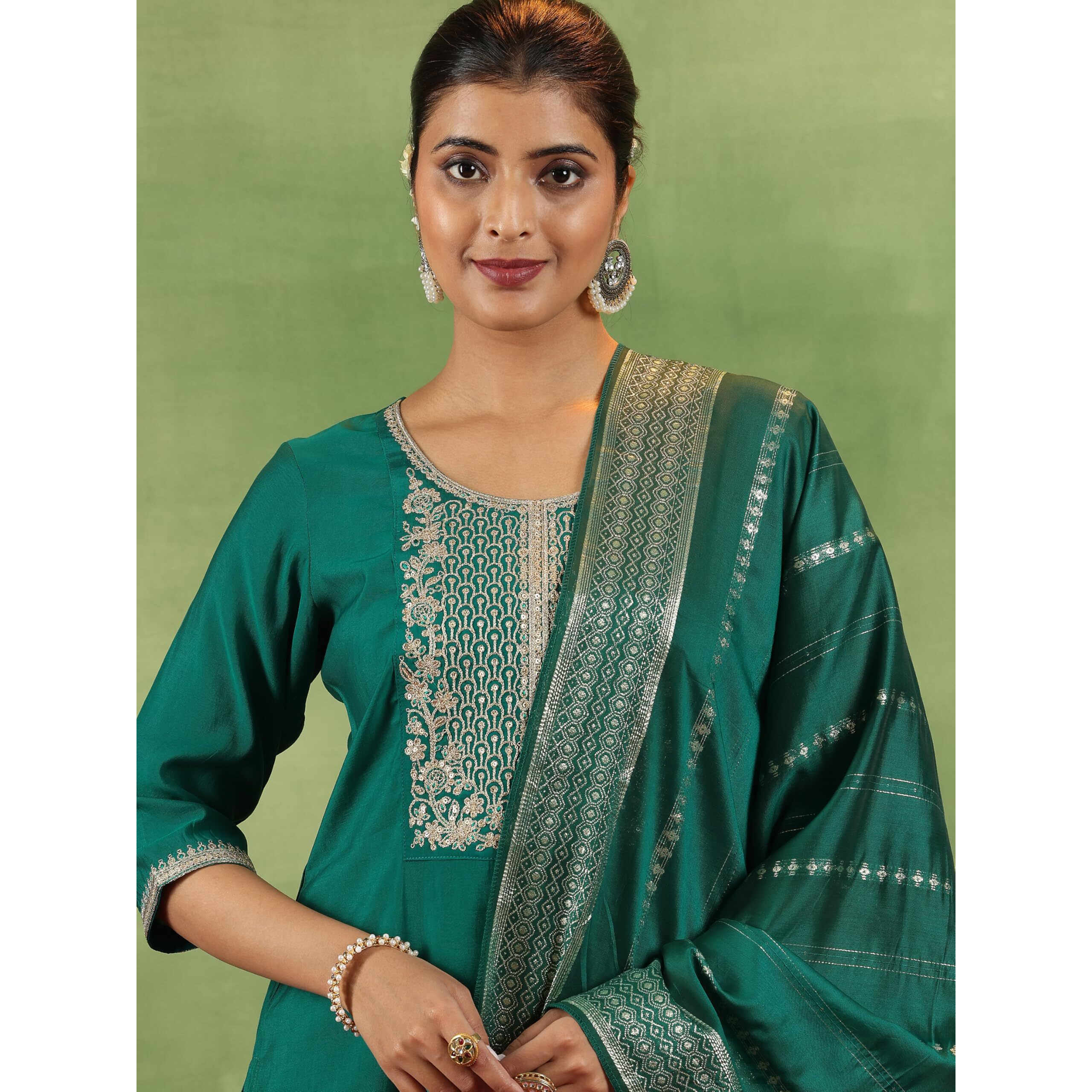 Libas Women's Silk Blend Kurta Set (35649_Green