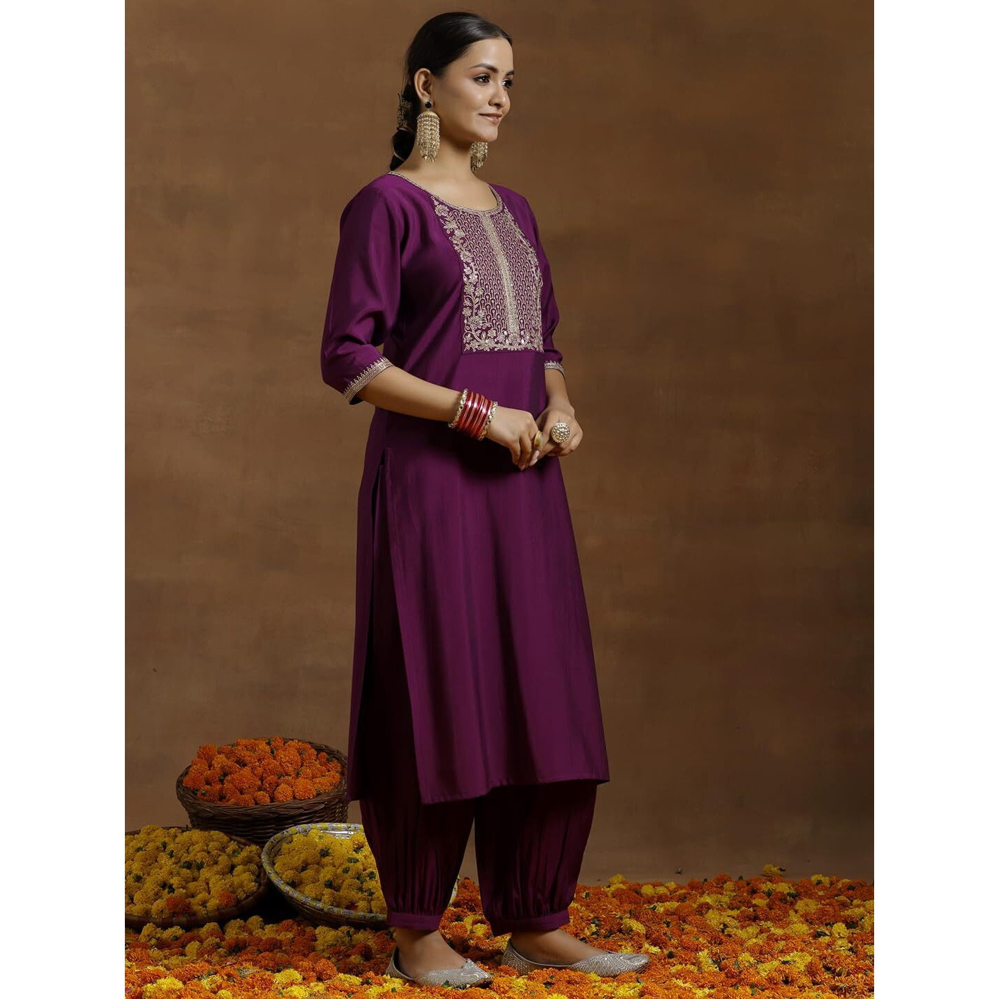 Libas Gerua Women's Silk Blend Kurta Sets (35650_Purple
