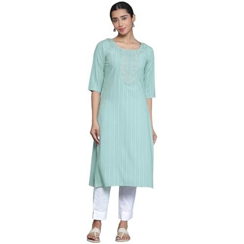 Libas Women's Rayon Blend Woven Design Straight Kurta (29027_Green