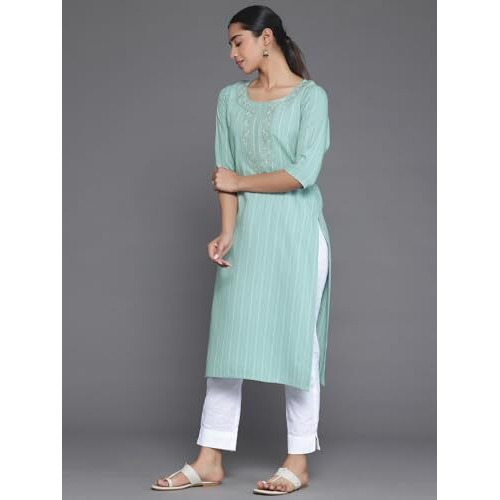 Libas Women's Rayon Blend Woven Design Straight Kurta (29027_Green