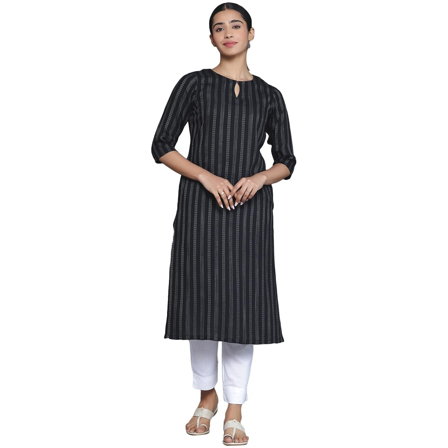 Libas Women's Rayon Blend Woven Design Straight Kurta (29044_Black