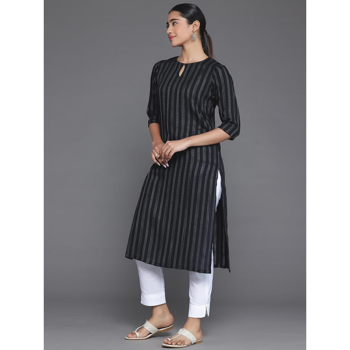 Libas Women's Rayon Blend Woven Design Straight Kurta (29044_Black