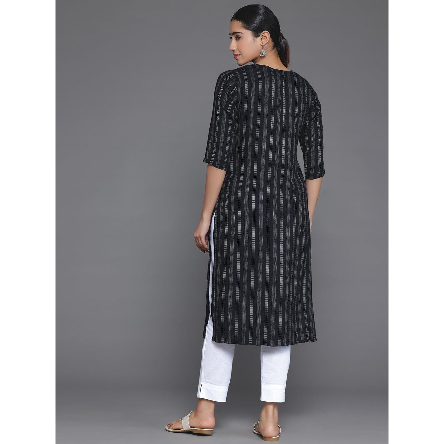 Libas Women's Rayon Blend Woven Design Straight Kurta (29044_Black