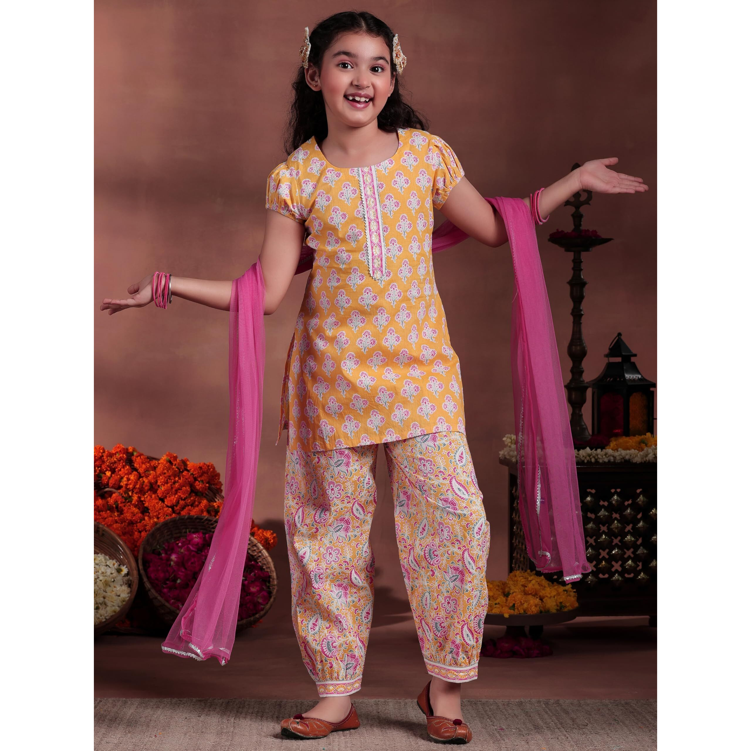 Libas Girl's Cotton Kurta Set (90052K_Yellow