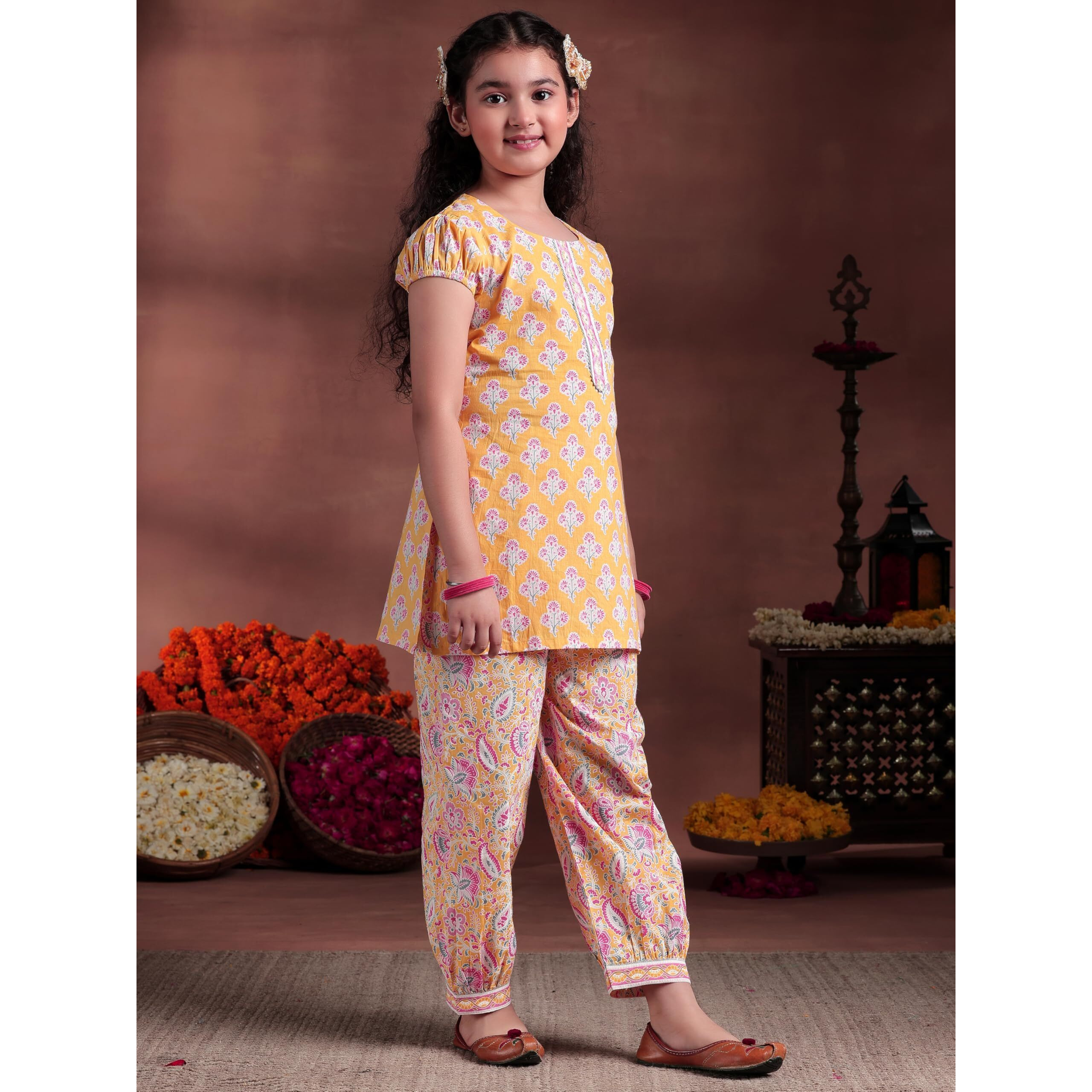 Libas Girl's Cotton Kurta Set (90052K_Yellow