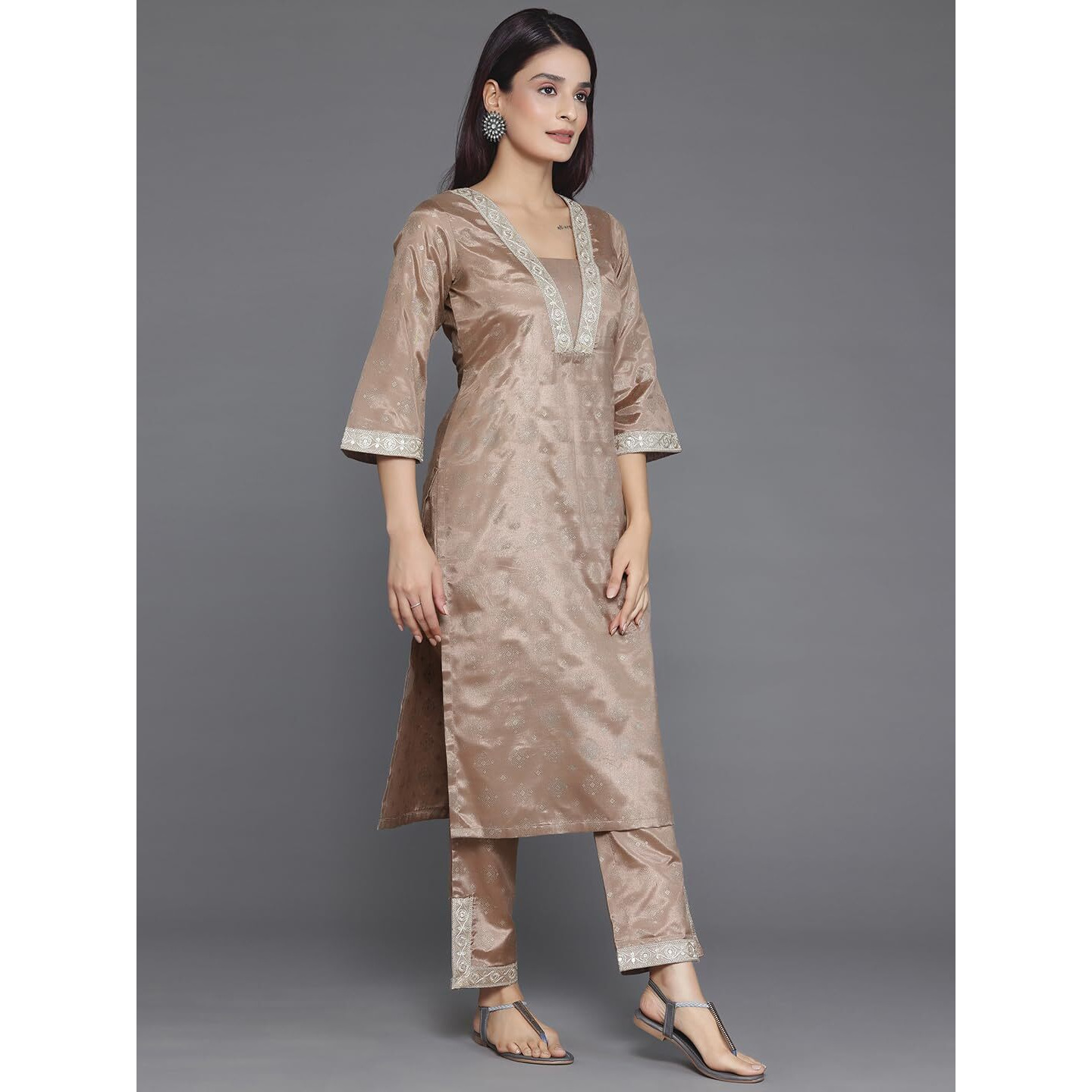 Libas Womens Woven Design Silk Blend Straight Kurta With Trousers