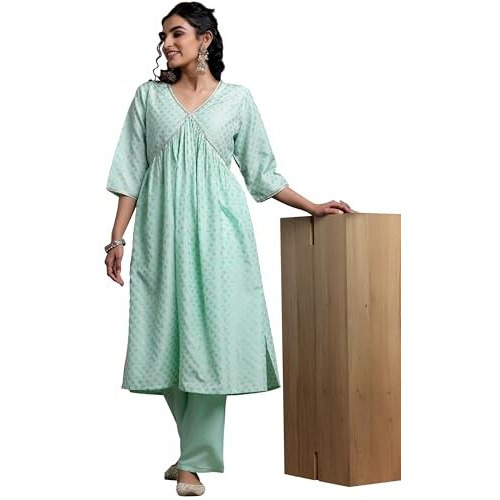 Libas Womens Woven Design Silk Blend A-Line Kurta With Trousers
