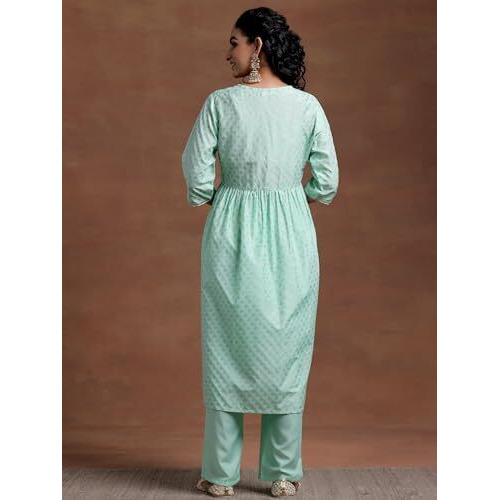 Libas Womens Woven Design Silk Blend A-Line Kurta With Trousers
