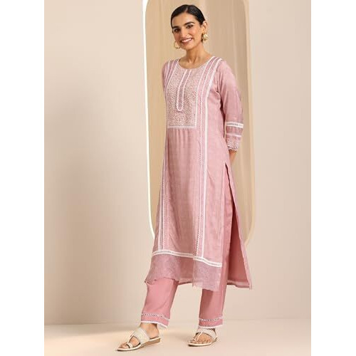 Libas Women's Chanderi Silk Kurta Sets (27411_Peach_Xxl)