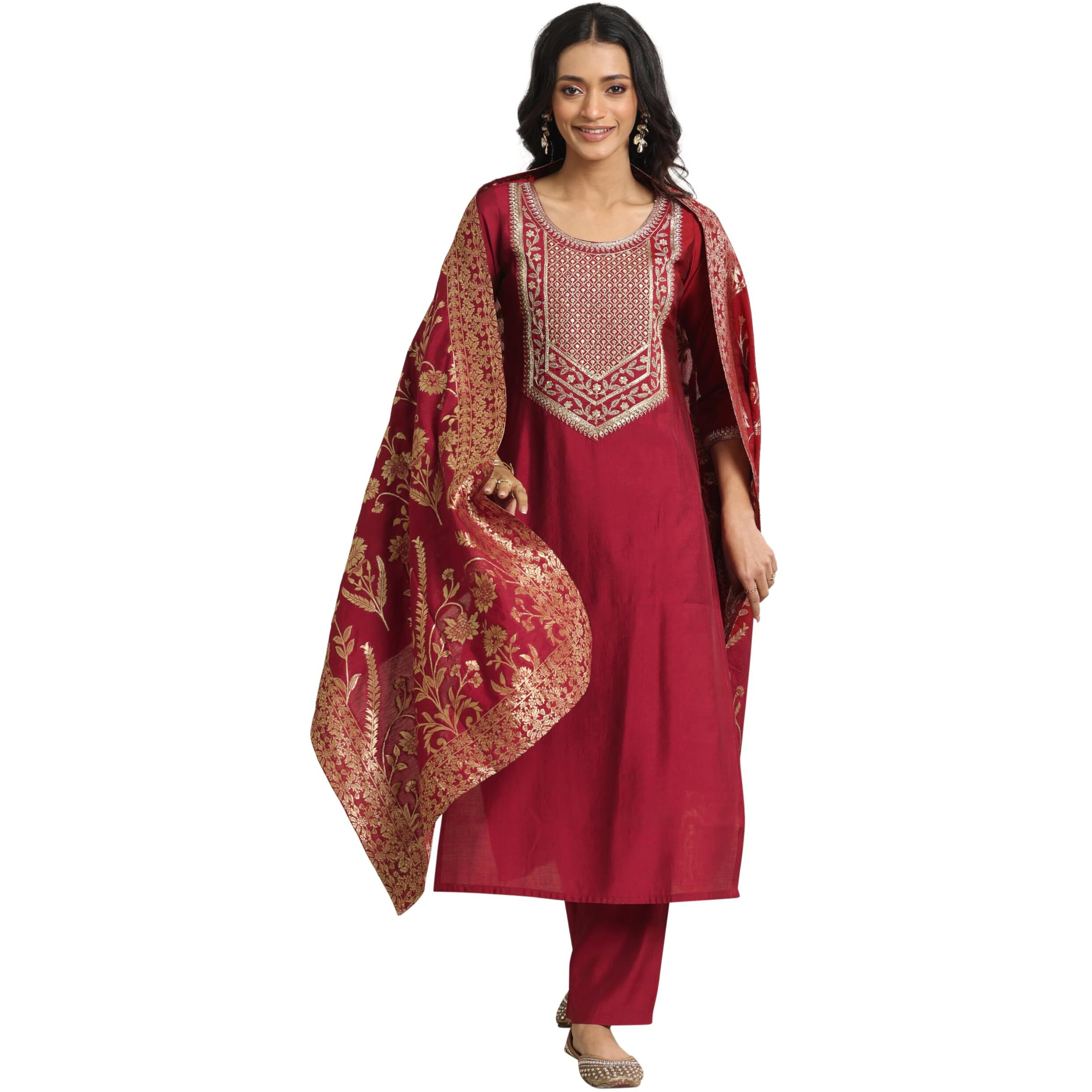 Libas Women's Silk Blend Yoke Design Kurta Set (27413_Maroon_Xs)