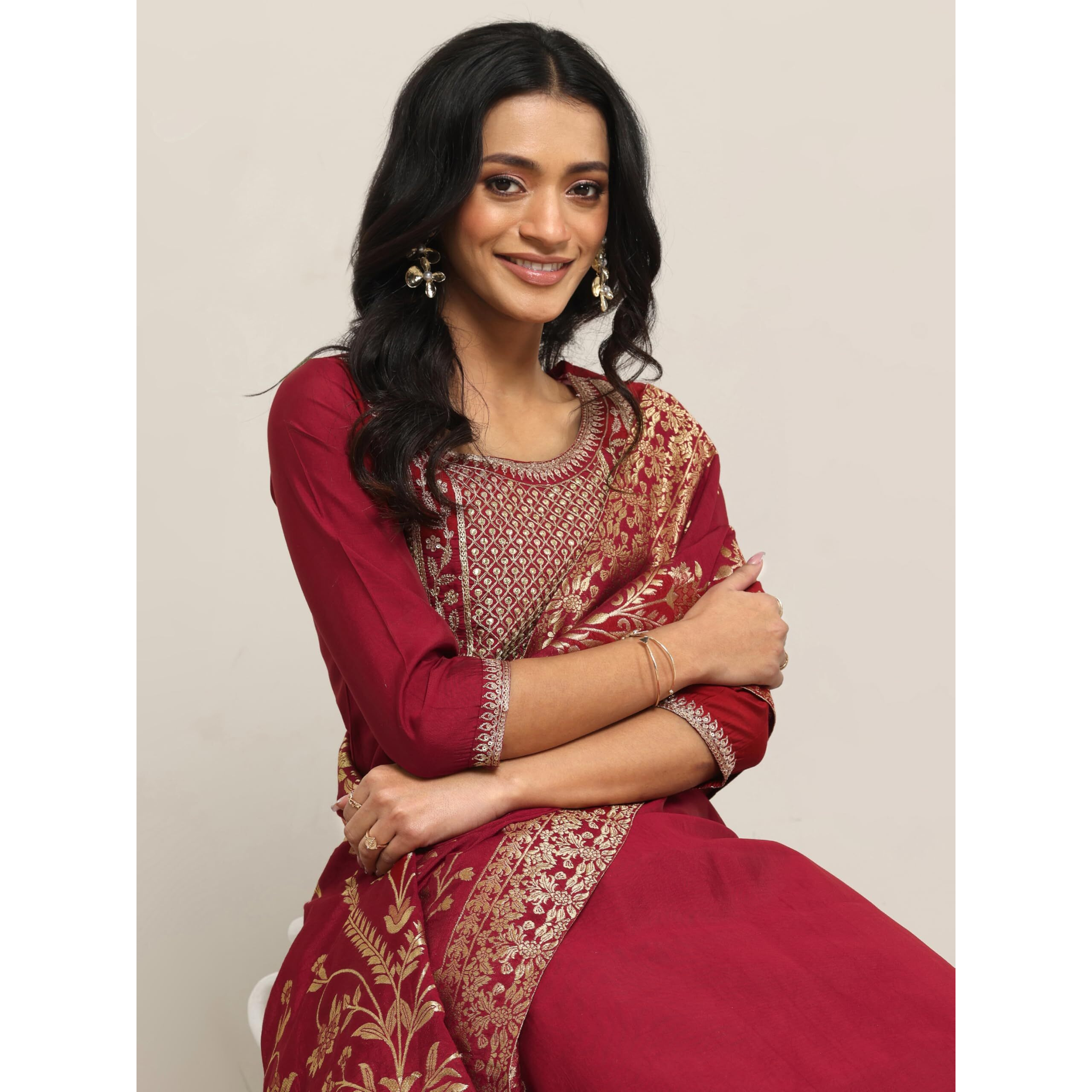 Libas Women's Silk Blend Yoke Design Kurta Set (27413_Maroon_Xs)