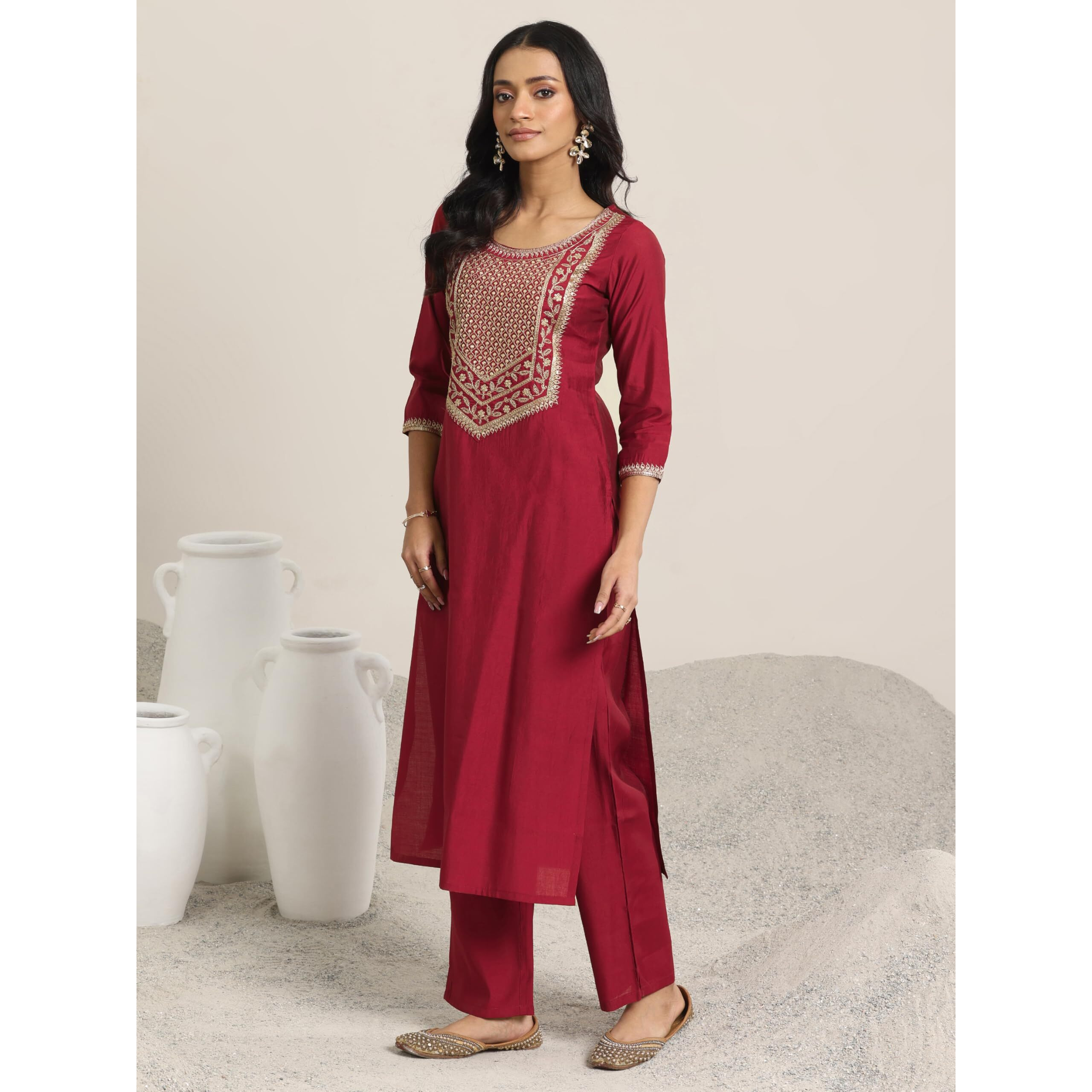 Libas Women's Silk Blend Yoke Design Kurta Set (27413_Maroon_Xs)