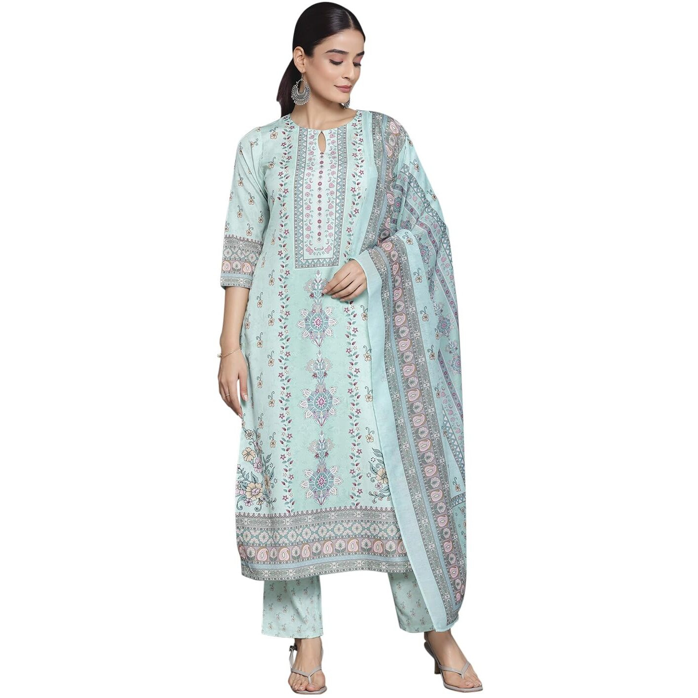 Libas Womens Printed Crepe Straight Kurta With Trousers And Dupatta