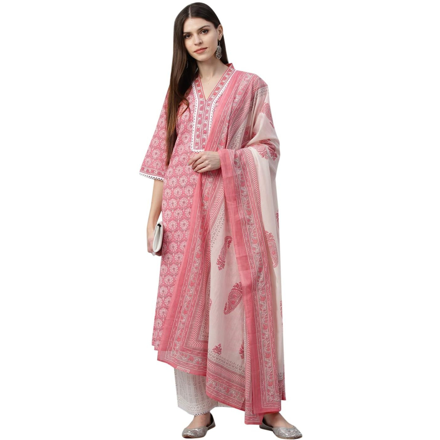 Libas Womens Printed Cotton Straight Kurta With Palazzos And Dupatta