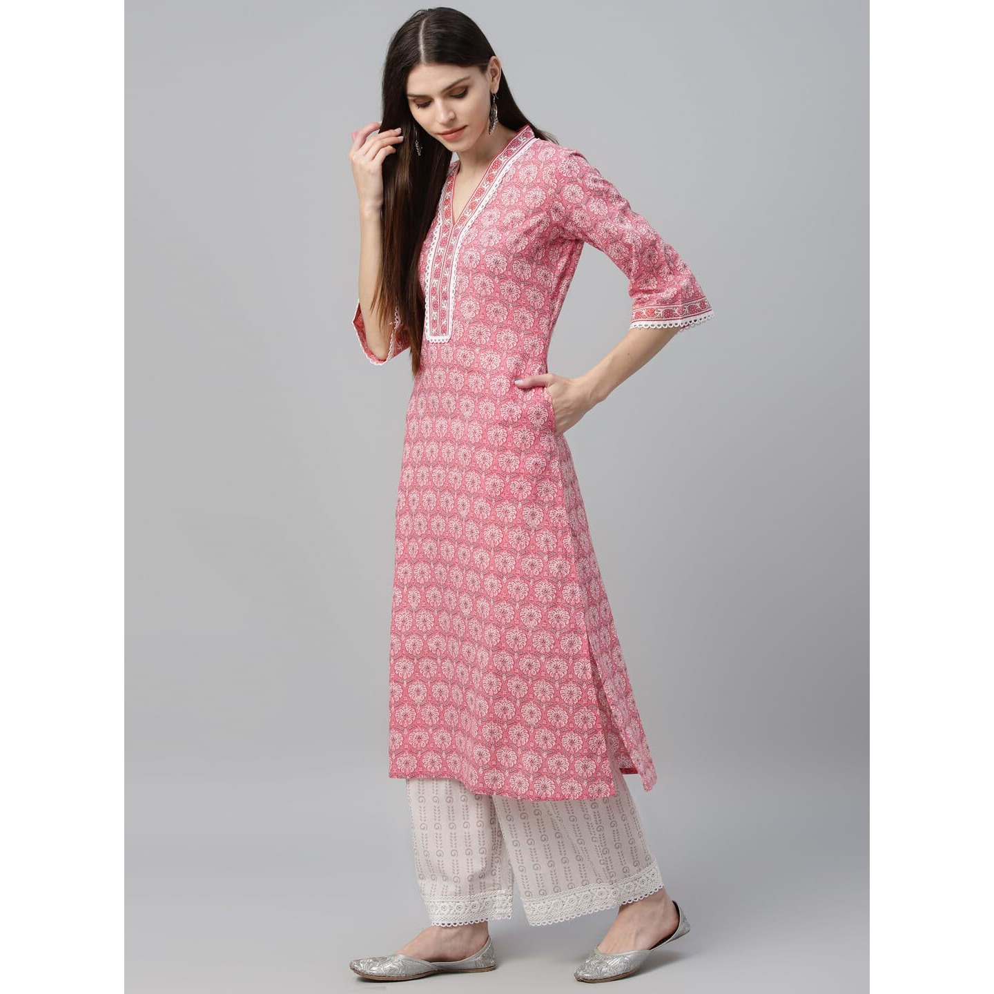 Libas Womens Printed Cotton Straight Kurta With Palazzos And Dupatta