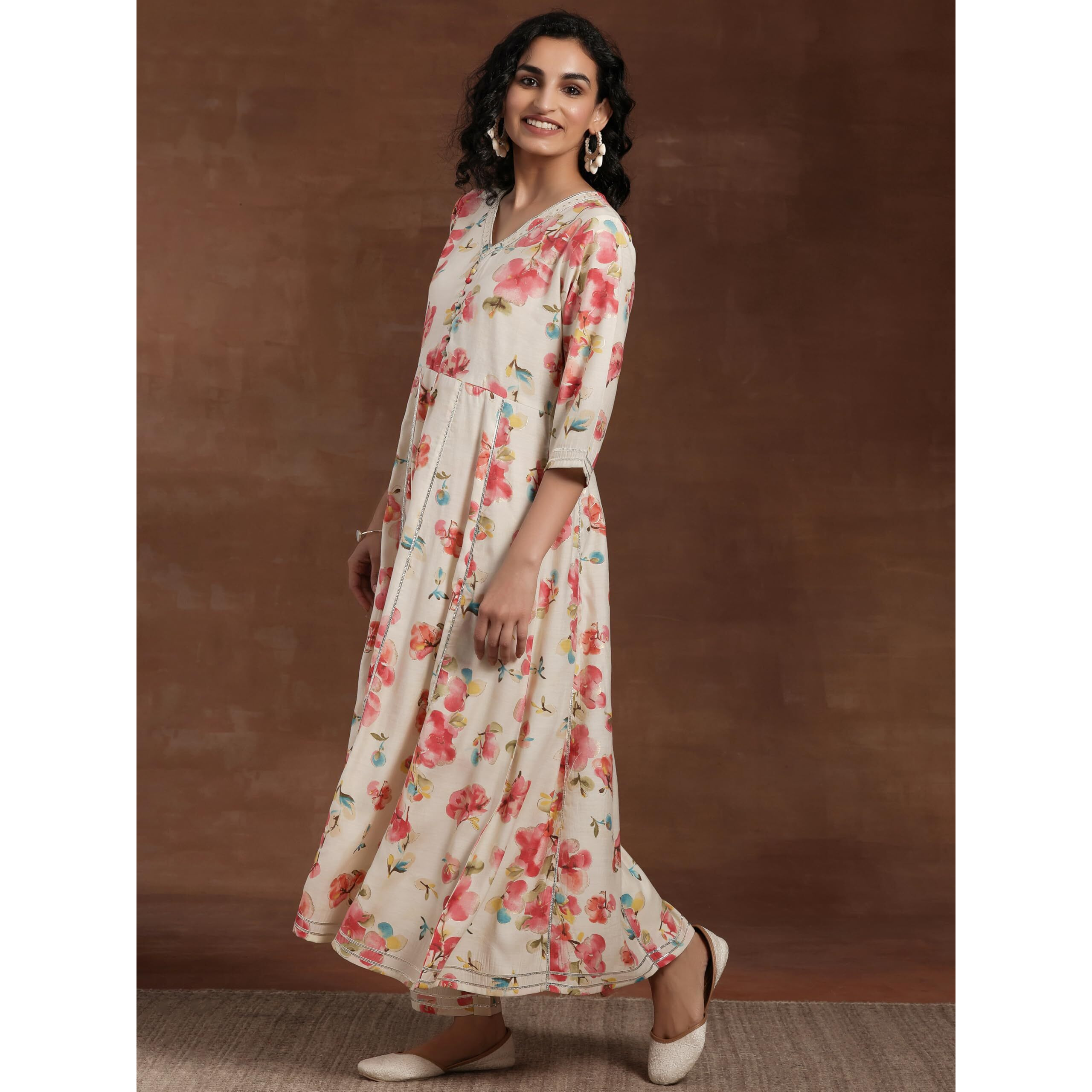 Libas Off White Printed Silk Blend Anarkali Kurta With Trousers