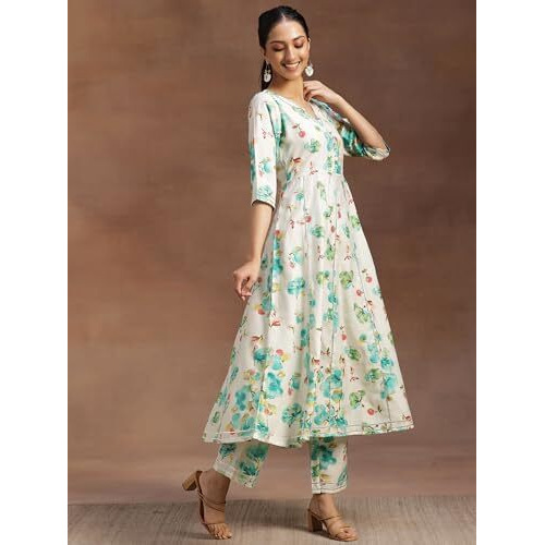 Libas Women's Silk Blend Printed Kurta Set (35723_Off White
