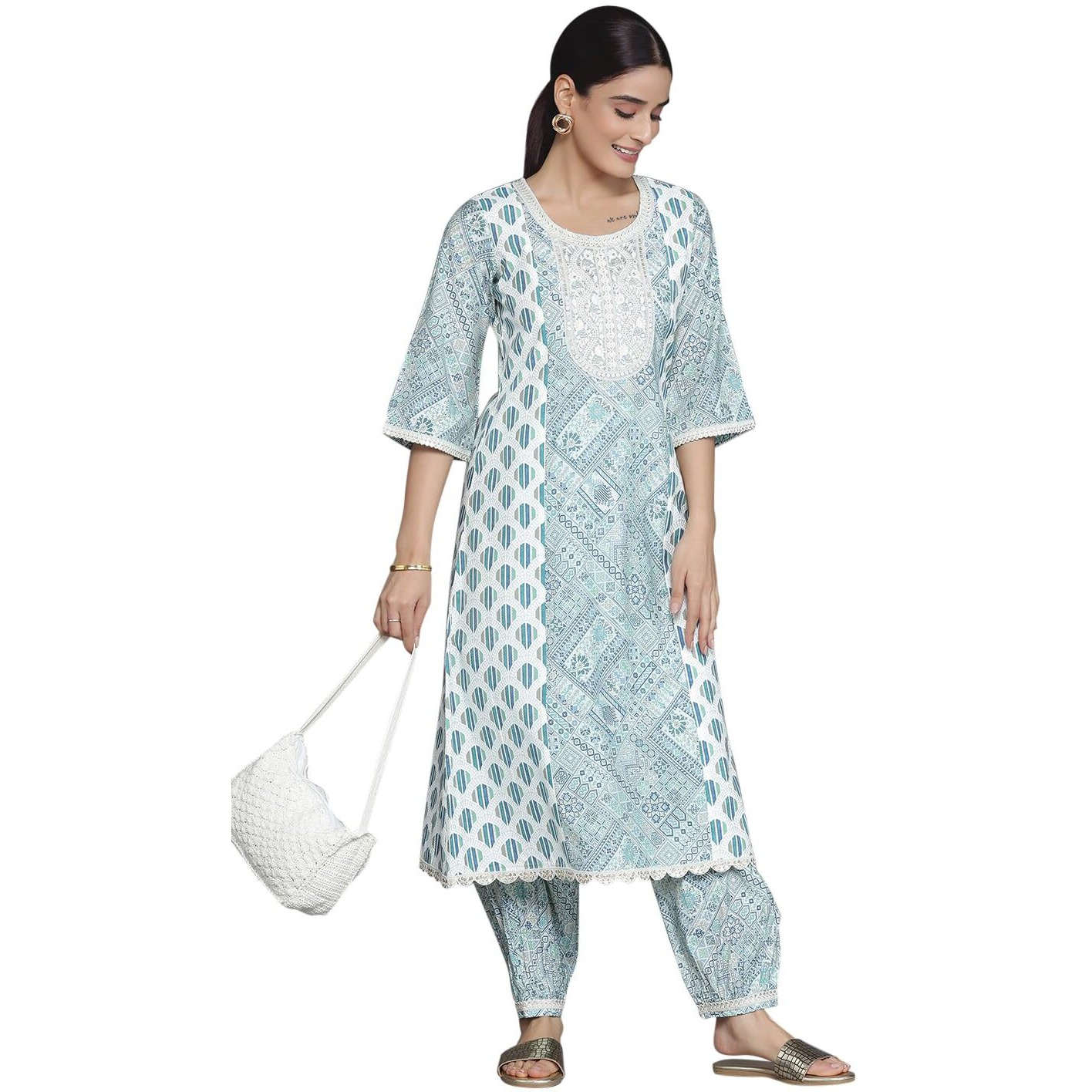 Libas Womens Printed Silk Blend A-Line Kurta With Salwar