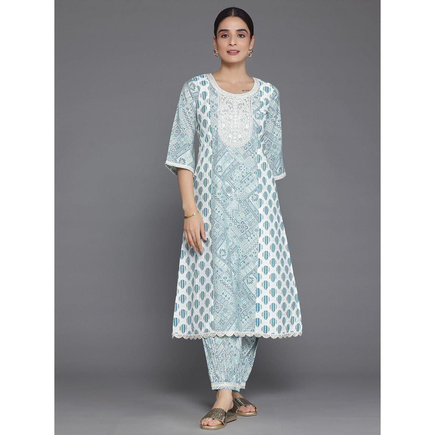 Libas Womens Printed Silk Blend A-Line Kurta With Salwar