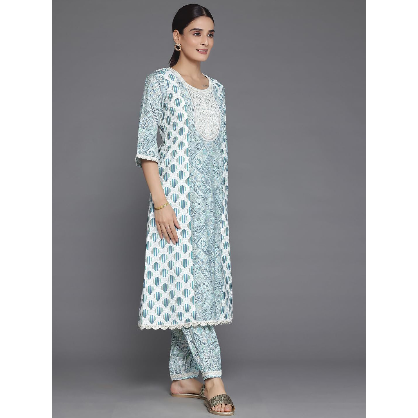 Libas Womens Printed Silk Blend A-Line Kurta With Salwar