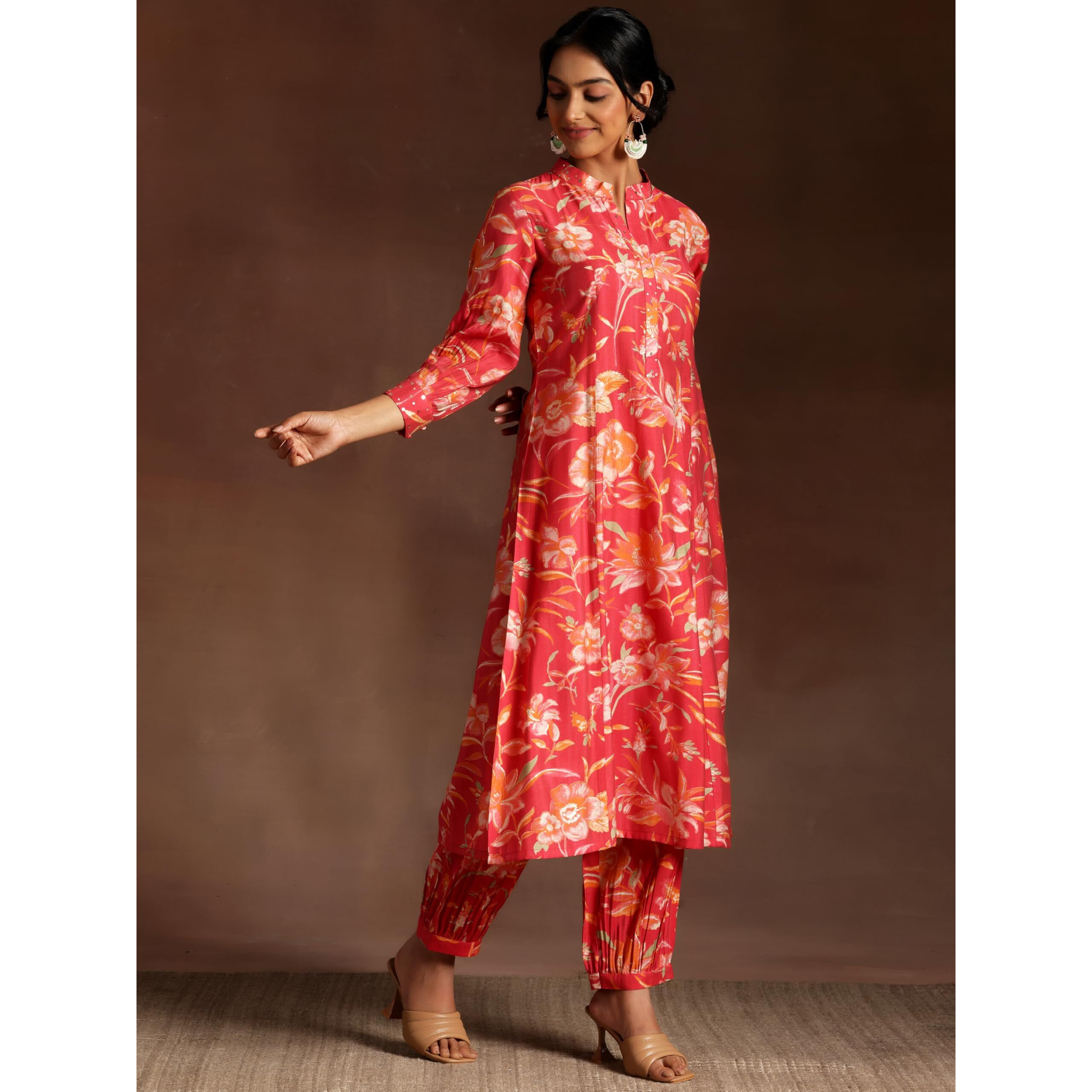 Libas Women's Silk Blend Printed Co-Ords (35728_Coral