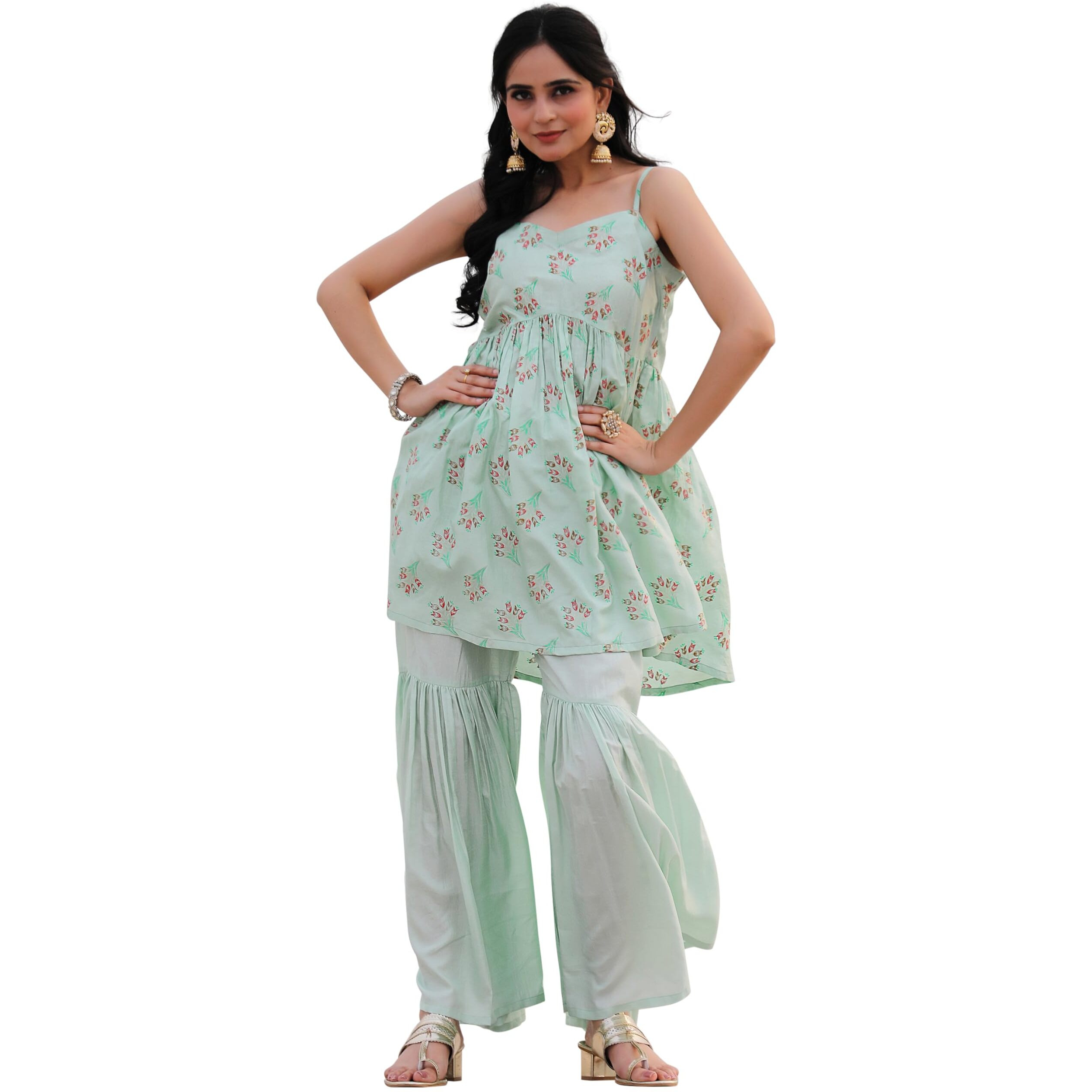 Libas Sea Green Printed Silk Blend A-Line Kurta With Sharara