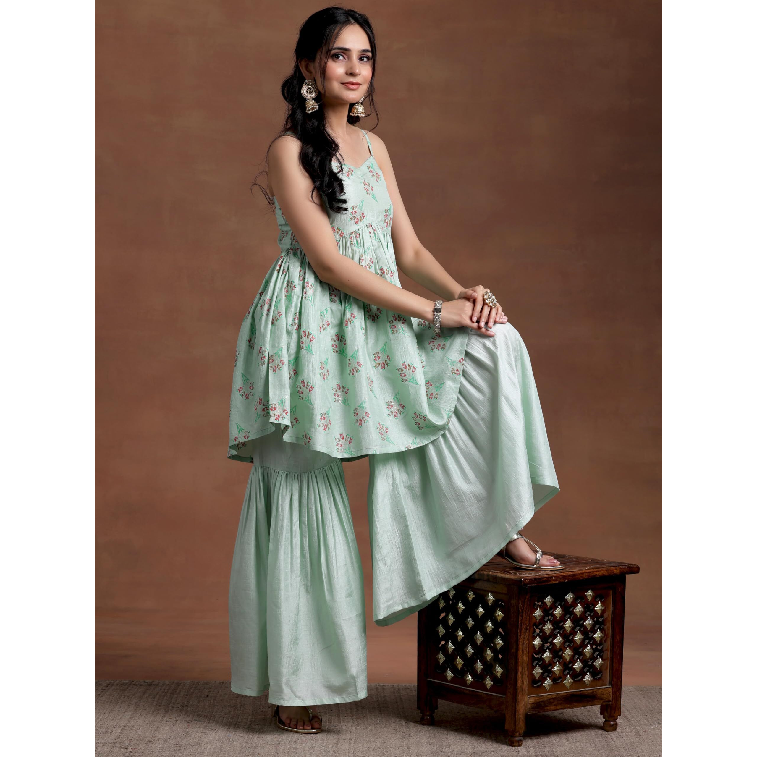 Libas Sea Green Printed Silk Blend A-Line Kurta With Sharara