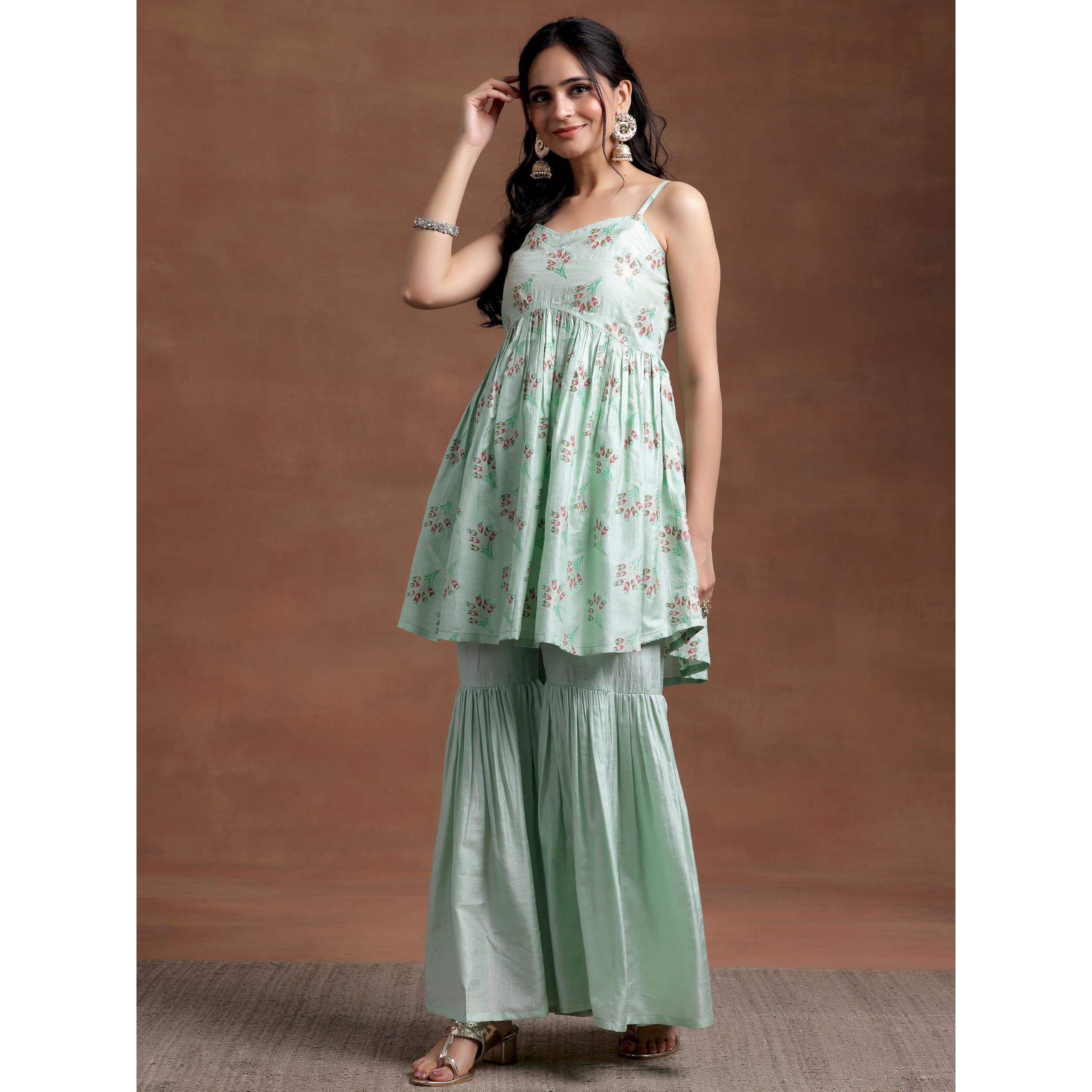Libas Sea Green Printed Silk Blend A-Line Kurta With Sharara
