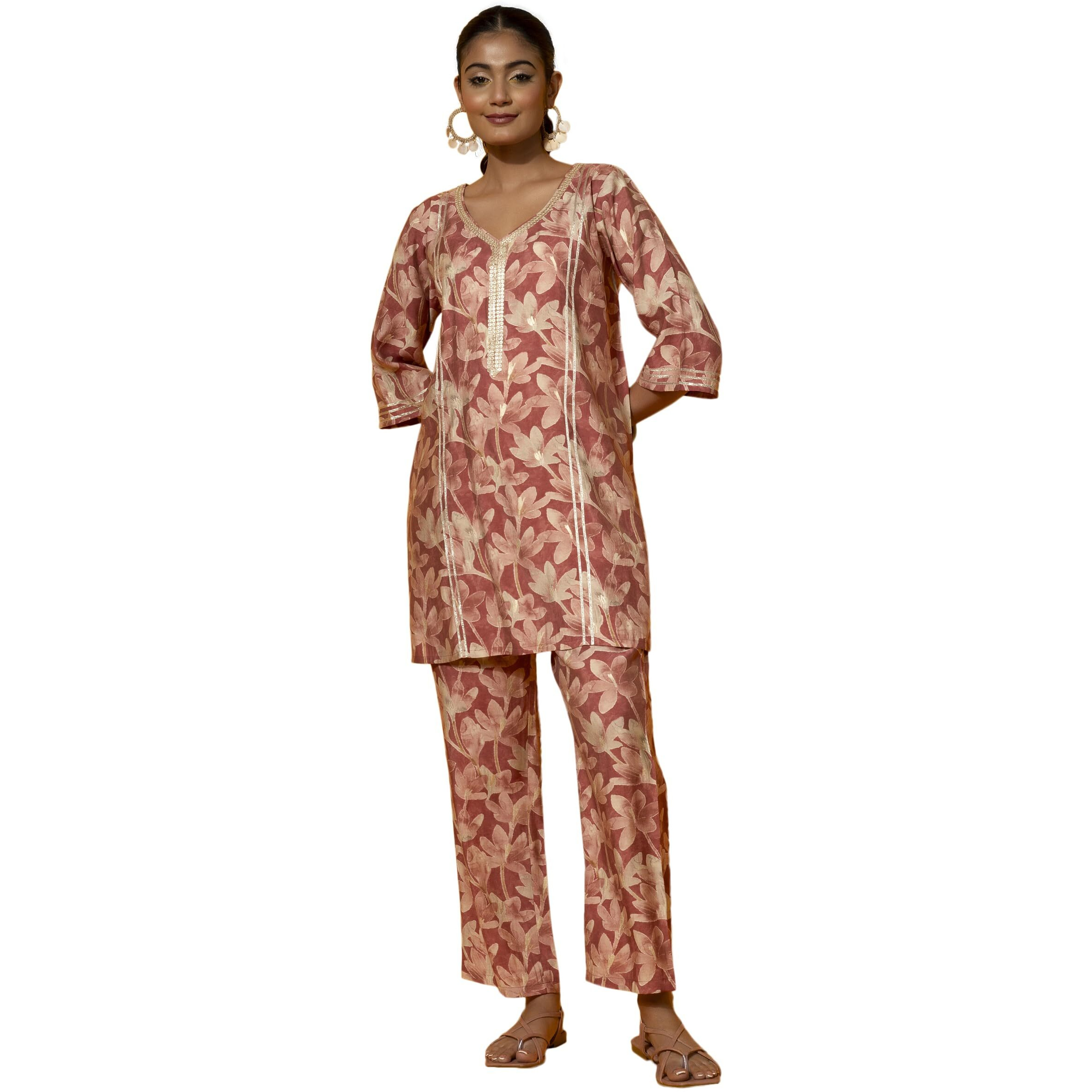 Libas Womens Printed Silk Blend Co-Ord Set For Women Rust
