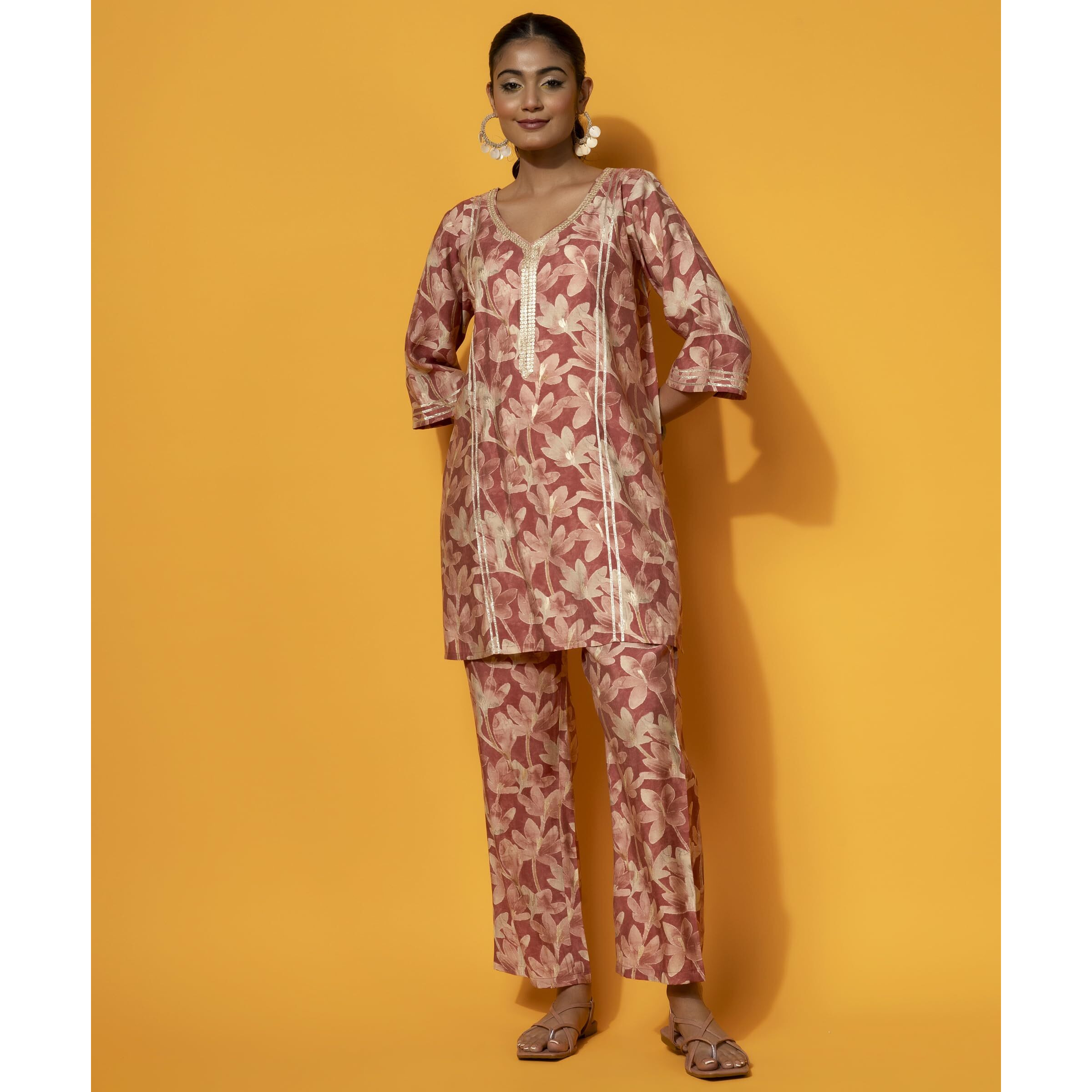 Libas Womens Printed Silk Blend Co-Ord Set For Women Rust