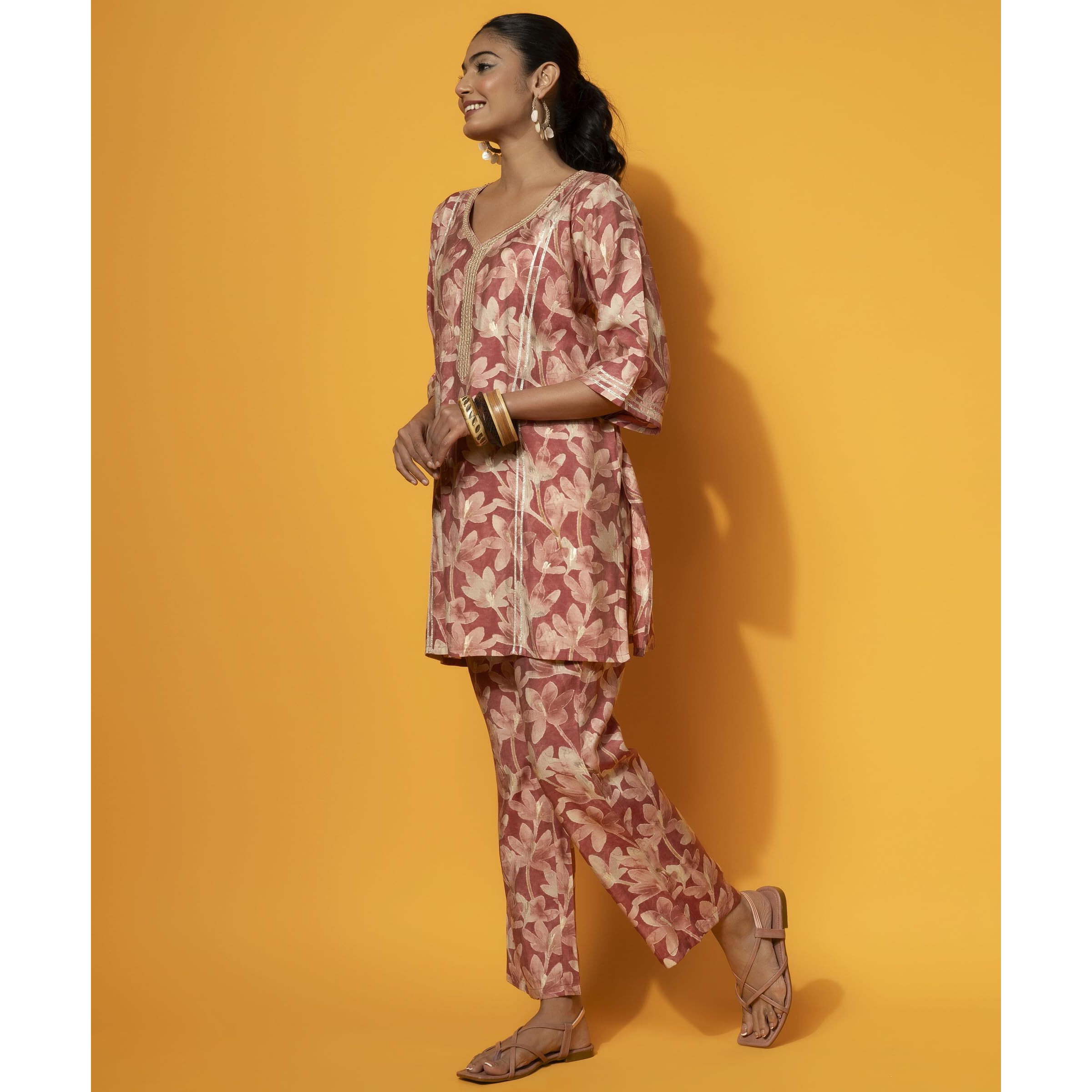 Libas Womens Printed Silk Blend Co-Ord Set For Women Rust