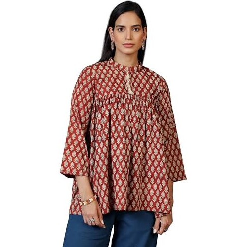 Libas Women's Cotton Floral A-Line Kurti (29064 Rust