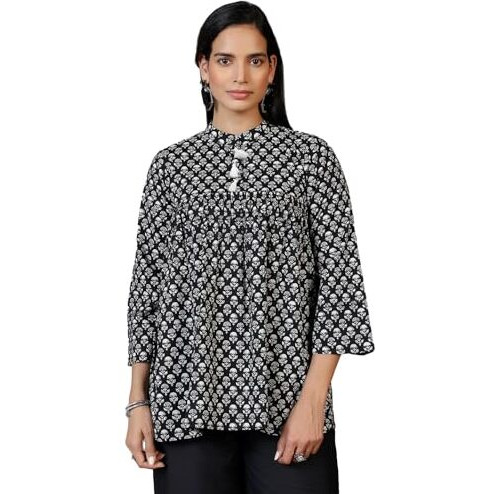 Libas Women's Cotton Printed A-Line Kurtis (29065_Black