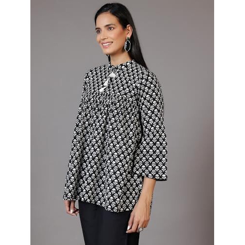 Libas Women's Cotton Printed A-Line Kurtis (29065_Black