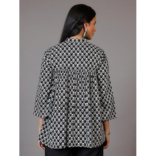 Libas Women's Cotton Printed A-Line Kurtis (29065_Black