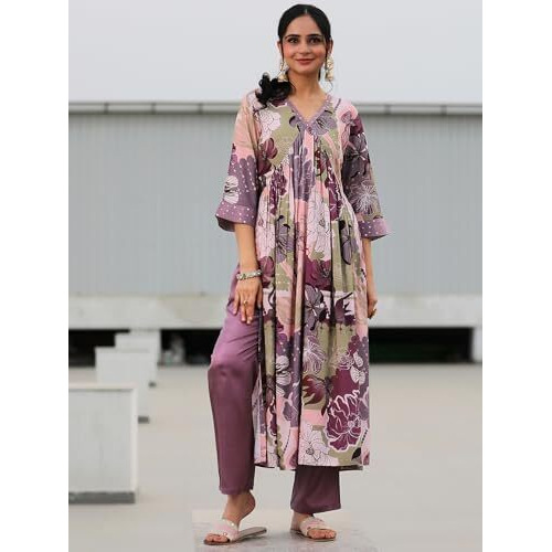 Libas Womens Printed Viscose A-Line Kurta With Trousers
