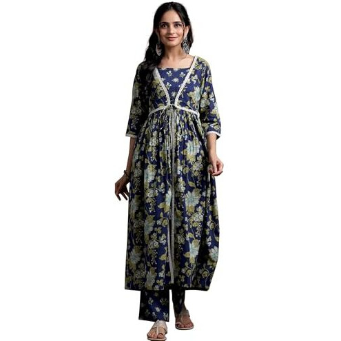 Libas Womens Printed Cotton A-Line Kurta With Trousers