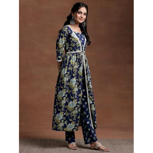 Libas Womens Printed Cotton A-Line Kurta With Trousers