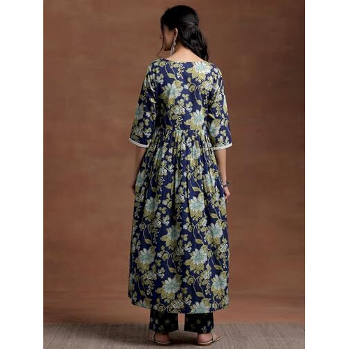 Libas Womens Printed Cotton A-Line Kurta With Trousers