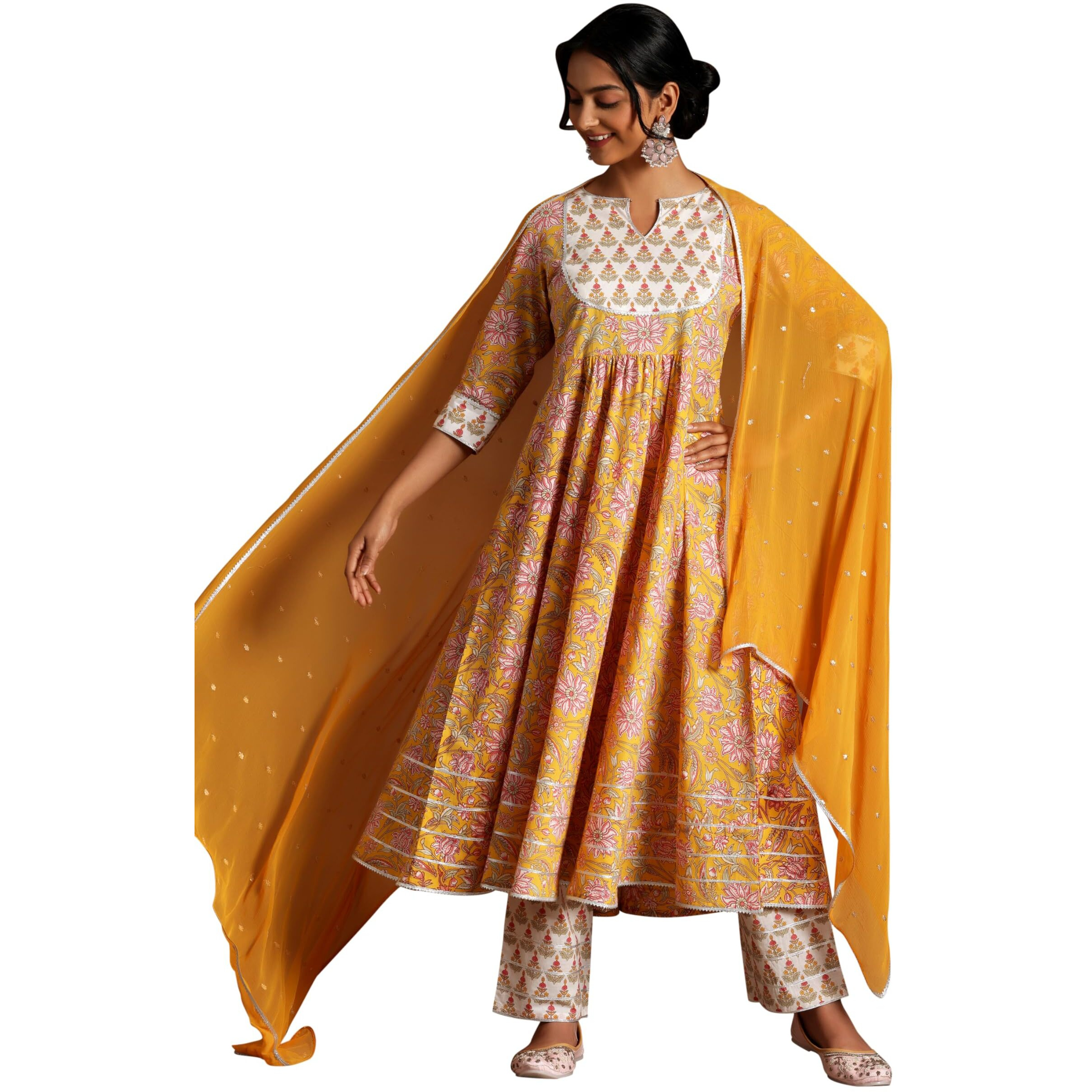 Libas Yellow Printed Cotton Anarkali Kurta With Trousers & Dupatta
