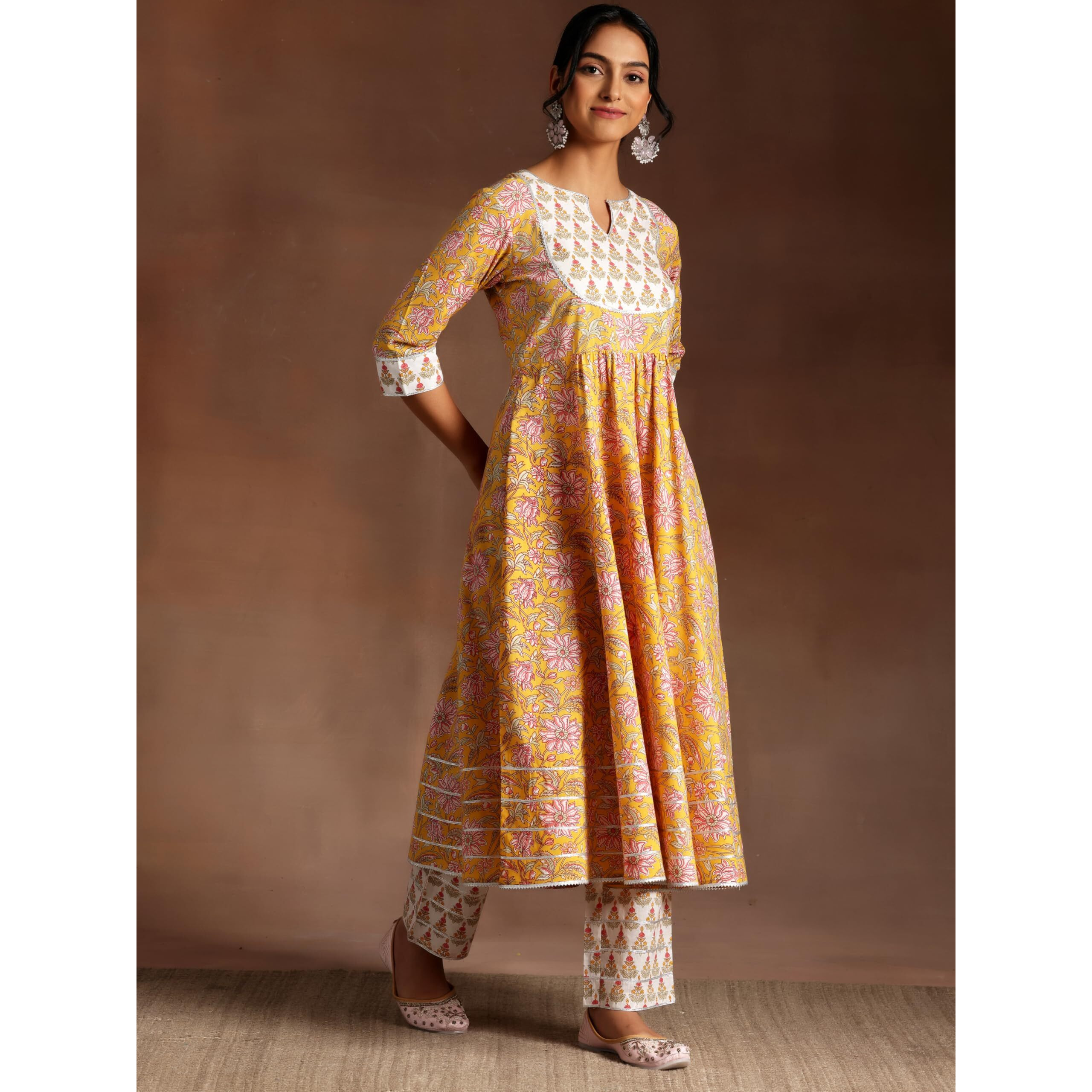 Libas Yellow Printed Cotton Anarkali Kurta With Trousers & Dupatta